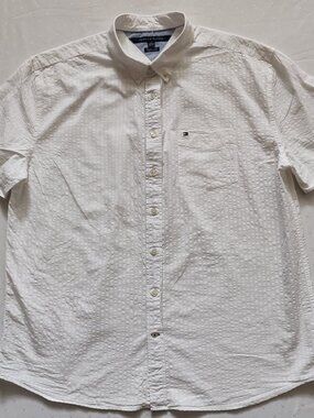 Tommy Hilfiger Men's XXL White Seersucker Shirt Classic Fit short Sleeve Cotton